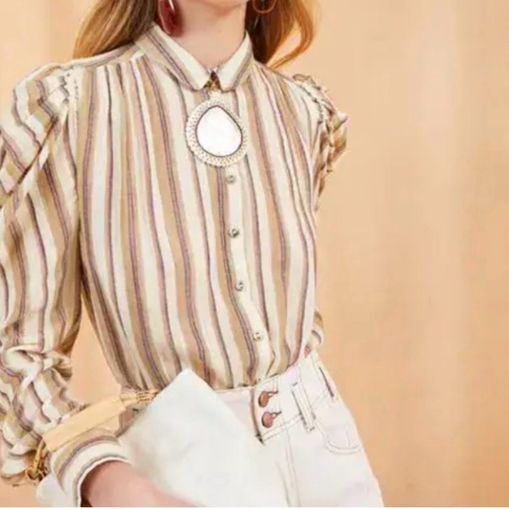 Ulla Johnson Striped Puff-Sleeve Button-Up Shirt in Cream and Tan